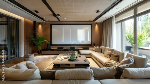 This is a home theater room. There is a large white screen at the front of the room. 