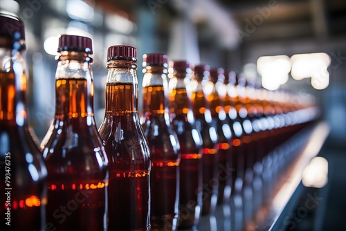Line of bottling of  soda bottles on clean light factory