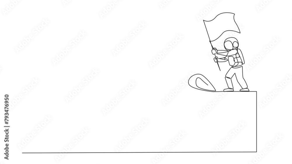 Self drawing animation of single continuous line drawing young energetic astronaut standing on giant gift box holding fluttering flag. Bring gifts containing space materials. Full length animated Self drawing animation of single continuous line drawing young energetic astronaut standing on giant gift box holding fluttering flag. Bring gifts containing space materials. Full length animated