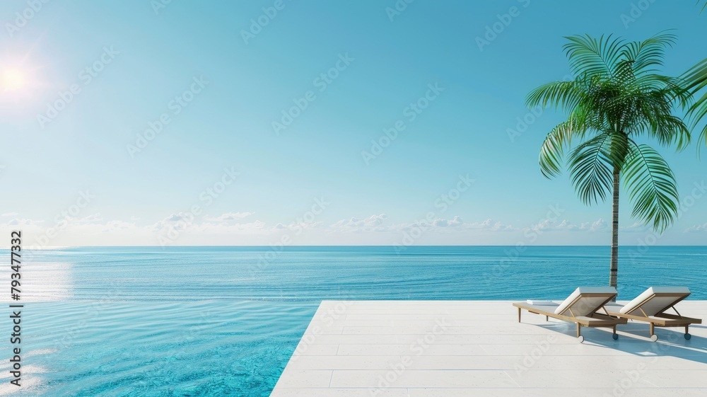 Infinity pool with two sun loungers overlooking ocean under clear blue sky