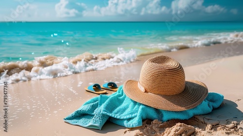 Vacation Clothing straw hat  flip-flops  and towel over an energetic tropical beach beige sand  with a backdrop of teal sea and the sky and space  Generative AI.