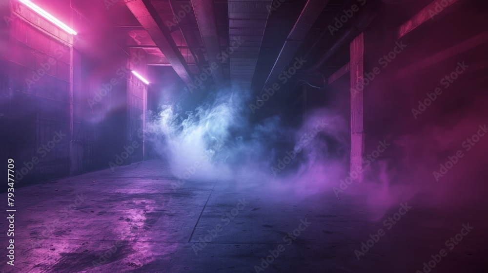 the desolate beauty of an empty dark scene, illuminated by neon lights casting eerie shadows on the concrete floor, while wisps of smoke dance in the air,