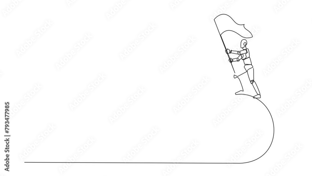 Self drawing animation of continuous one line drawing of robotic artificial intelligence standing on large bomb with a burning fuse holding flag. Concept business near deadline. Full length animated