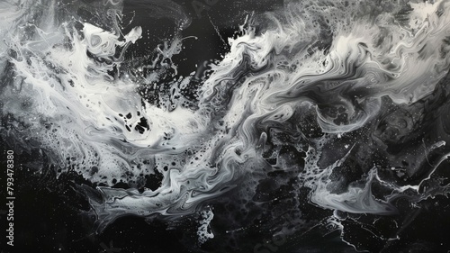 the evocative power of abstract art as white smokey paint takes on a life of its own, swirling and cascading across a dark canvas,