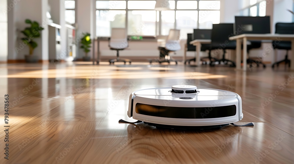 an automatic smart floor cleaning robot is cleaning the floor in an office room an automatic smart floor cleaning robot is cleaning the floor in an office room
