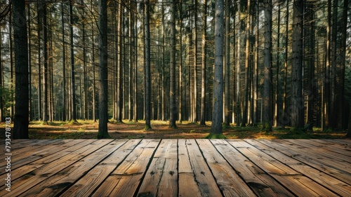 Wooden deck leading into dense forest with sunlight filtering through trees
