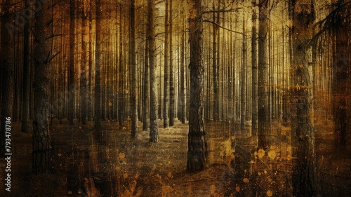 Mysterious, dark forest with sunbeams filtering through trees