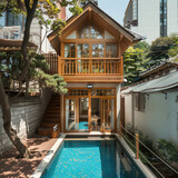 Tiny two floor timber frame house with single front doors and terrace with south korean theme design