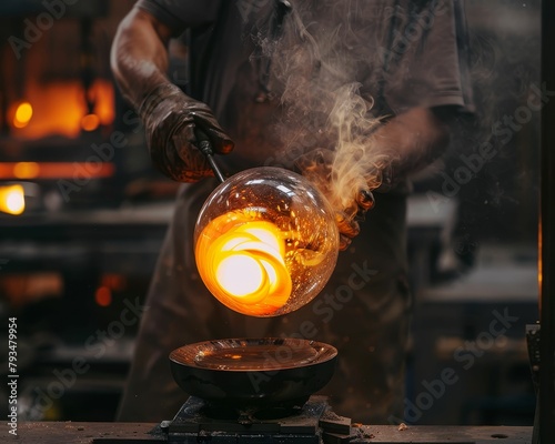 A glassblower shapes a molten glass bubble with a blowpipe.