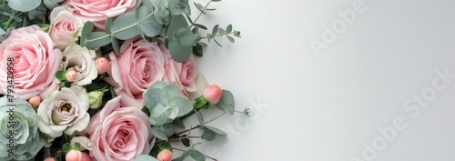 Elegant Blush Wedding Bouquet with roses and eucalyptus on White Background, Web banner with  copy space. © JH