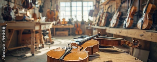 A violin laying on a table in a workshop with other instruments hanging on the walls and laying on shelves.