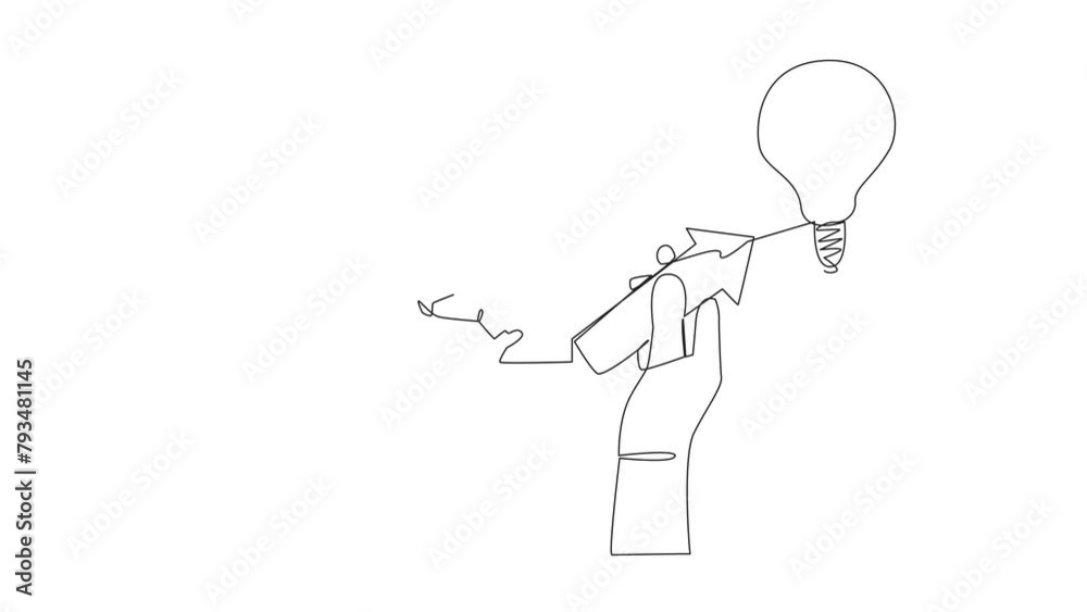 Animation of single continuous line drawing astronaut climbs ladder, one of the steps in the shape of an arrow held in a large hand. Great teamwork reaching for lightbulb. Full length motion Animation of single continuous line drawing astronaut climbs ladder, one of the steps in the shape of an arrow held in a large hand. Great teamwork reaching for lightbulb. Full length motion
