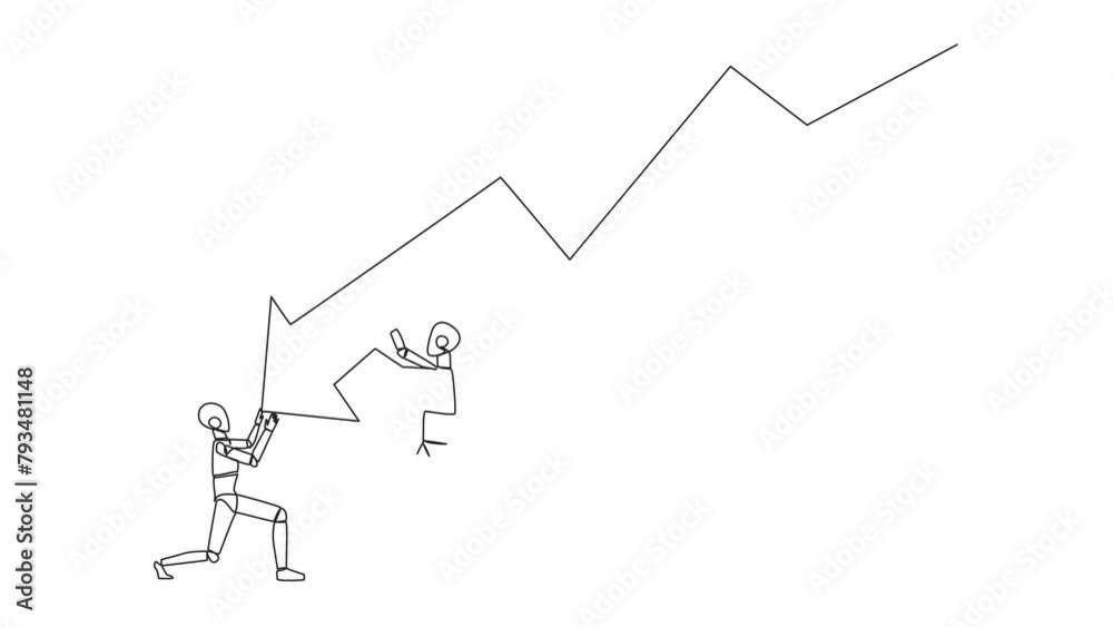 Animation of continuous one line drawing two robots holding large arrow charts swooping down. One of the robots holding the end. Team work so the arrow can go back up. Full length motion Animation of continuous one line drawing two robots holding large arrow charts swooping down. One of the robots holding the end. Team work so the arrow can go back up. Full length motion