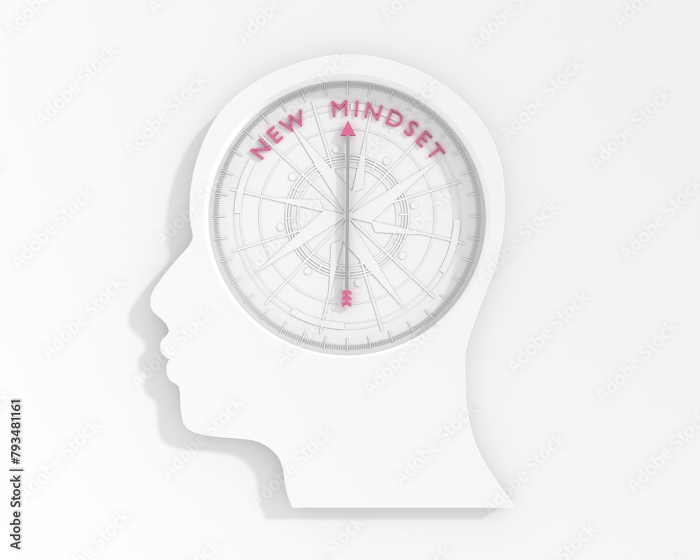 Compass inside human head points towards new mindset. Change, success positive approach and flexibility in business, new results. Adapting new normal and innovative way. 3D render Compass inside human head points towards new mindset. Change, success positive approach and flexibility in business, new results. Adapting new normal and innovative way. 3D render