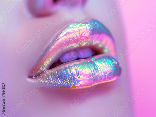 Iridescent Lips Closeup: Glamorous Shiny Lipstick Makeup on Female Mouth