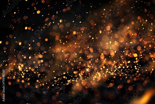 Fire embers particles over black background. Fire sparks background. Abstract dark glitter fire particles lights. bonfire in motion blur - generative ai