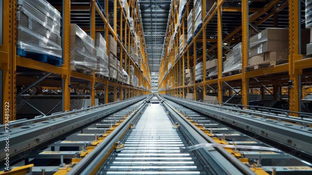 Automated warehouse with a long conveyor belt system