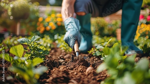 Deploying a trowel, a gardener mulches the plants encompassing them to produce wholesome veggies blooms muddy area and space, Generative AI. photo