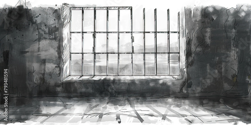 Isolation: The Barred Window and Desolate Landscape - Imagine a barred window overlooking a desolate landscape, illustrating the isolation and confinement often experienced by members of evil cults photo