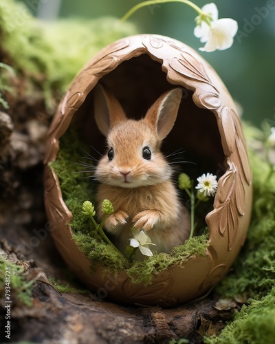 A cute bunny is sitting in a broken brown egg surrounded by moss and white flowers.