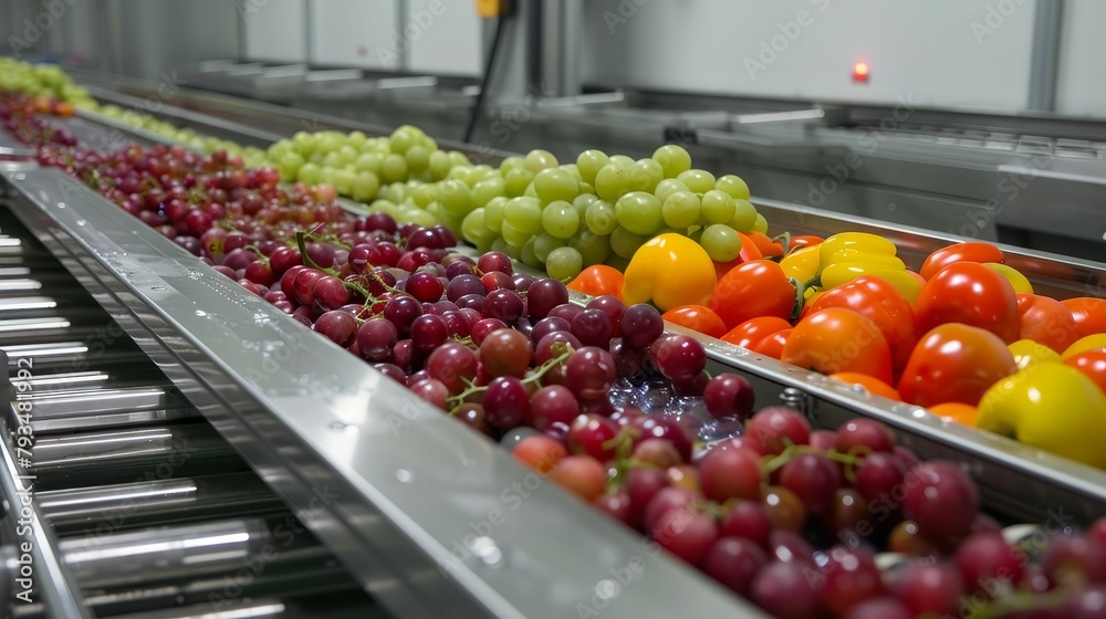 Grapes and tomatoes being processed on a factory conveyor belt
