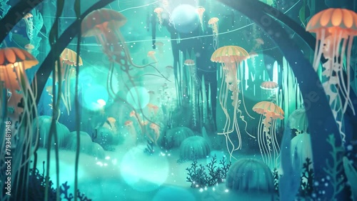 marine life background illustration. plunge into a surreal paper cut underwater circus .  seamless looping overlay 4k virtual video animation background photo