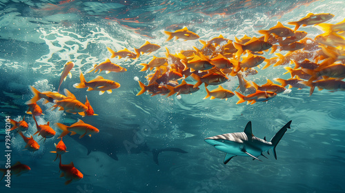 School of Goldfish Escaping from Shark Underwater Concept