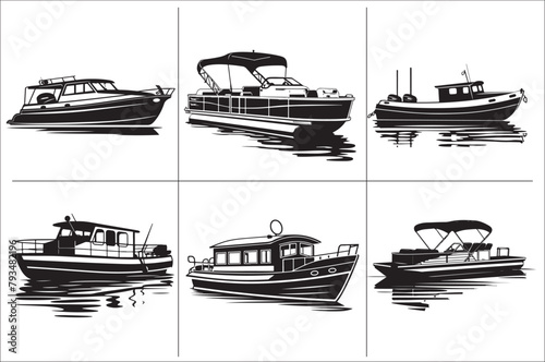 Pontoon boat black and white vector Illustration  of a white background.