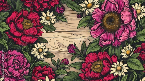 vintage rustic cottage garden flowers pattern illustration poster background