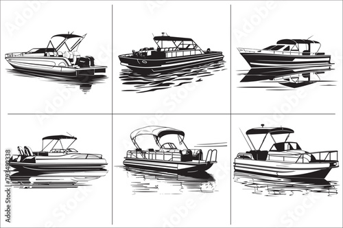 Pontoon boat black and white vector Illustration  of a white background.