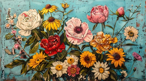vintage rustic cottage garden flowers pattern illustration poster background