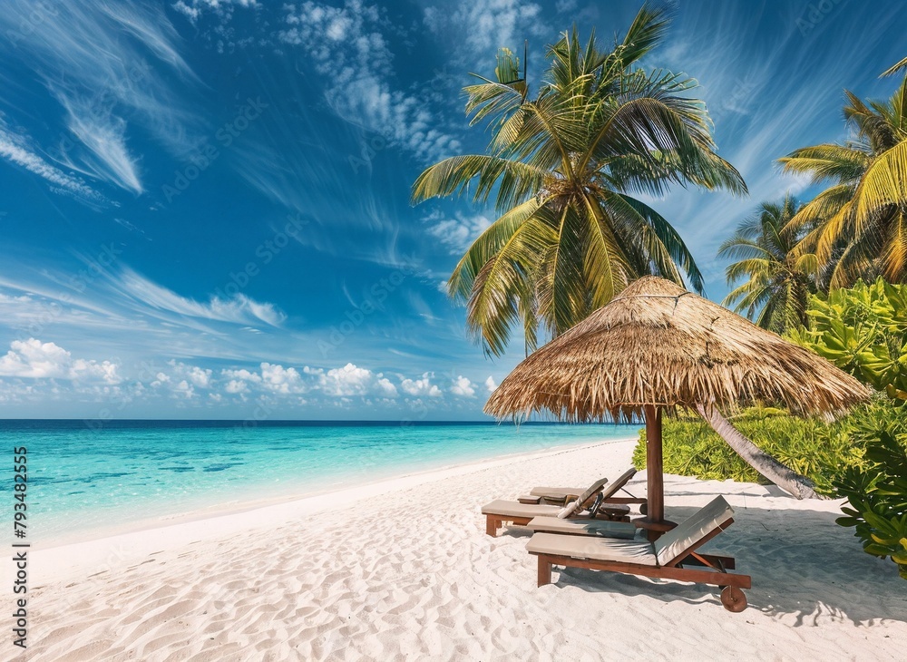 Fototapeta premium Beautiful tropical beach with thatched umbrella and two sunbeds, clear blue sky, white sand, palm trees frame the picture. A view of an exotic island in the style of Maldives or stock photo, high res