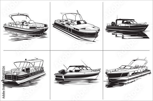 Pontoon boat black and white vector Illustration  of a white background.