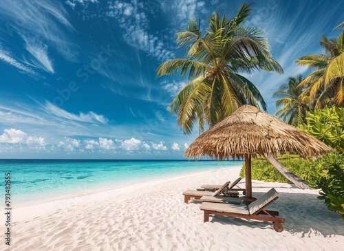  Beautiful tropical beach with thatched umbrella and two sunbeds, clear blue sky, white sand, palm trees frame the picture. A view of an exotic island in the style of Maldives or stock photo, high res