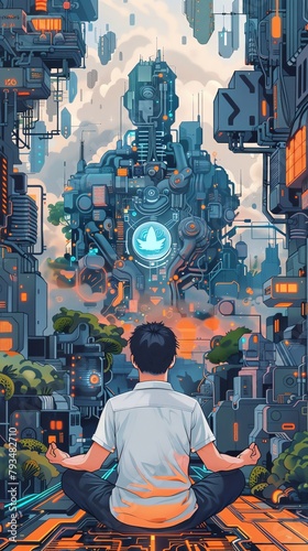 Illustrate Technological Advancement and Mindfulness, showing a tech worker pausing to meditate amidst chaos and controlling giant robot photo