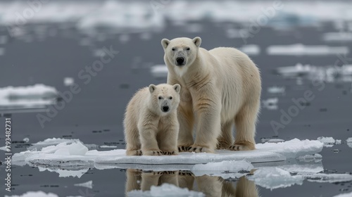 Polar bear female and cub on ice floe in pack ice, Spitsbergen Island, Svalbard Archipelago, Svalbard and Jan Mayen, Norway, Europe