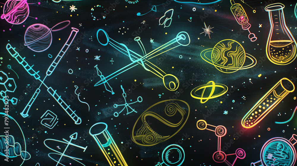 Colorful Hand-Drawn Chalkboard Astronomy and Science Illustrations Colorful Hand-Drawn Chalkboard Astronomy and Science Illustrations