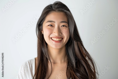 Asian woman with long hair is smiling and looking at the camera.