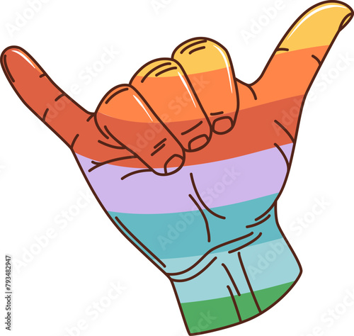 Cartoon retro groovy aloha shaka gesture. Isolated vector surf hand sign meaning a warm greeting, expressing goodwill, relaxation, and a laid-back attitude. Human palm with rainbow pattern and fingers