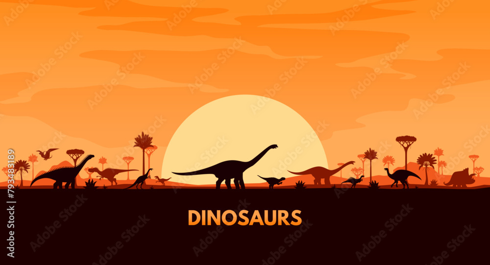 Fototapeta Jurassic era landscape with dinosaur silhouettes. Vector background with lush tropical trees beneath a golden sunset, mountains in the distance, silhouettes of majestic dino roaming across the horizon