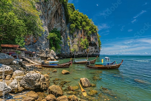 The picturesque sight of the jungle-covered cliffs and rocky beach in Phuket, Thailand with boats docked at a busy wharf against a clear blue sky background during a summer vacation travel concept