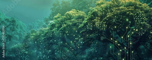 Artistic image blending lush greenery with glowing digital circuit patterns
