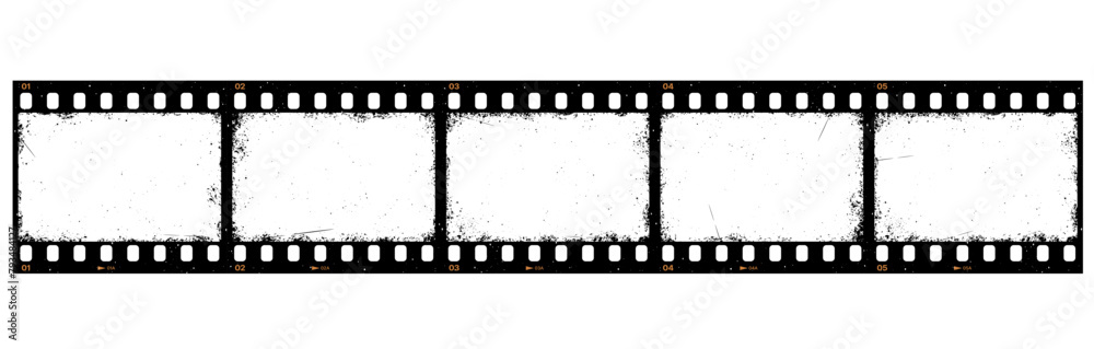 Grunge film reel strip, isolated movie filmstrip. Vintage vector slide frame with grainy texture on white background. Photo negative picture or cinema slide with scratched borders, retro photography