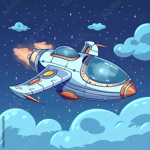 Cartoon Spaceship Flying in the Blue Vector Illustration