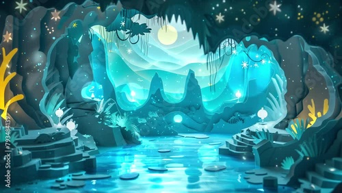enchanted lagoon paper cut template with sparkling. seamless looping overlay 4k virtual video animation background photo