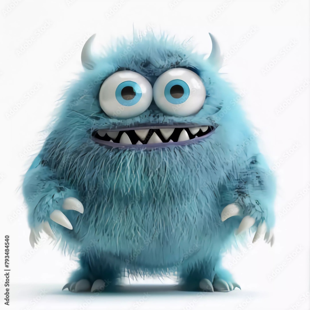 3d cute furry monster, 3d cartoon character on white background