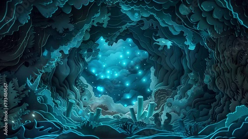 bioluminescent cave paper cut template with eerie. seamless looping overlay 4k virtual video animation background photo