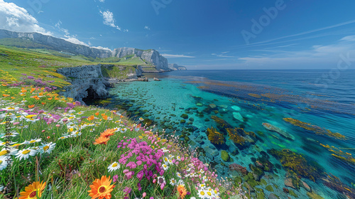 Lush lavender fields paint a vibrant landscape against a backdrop of the clear blue Aegean Sea photo