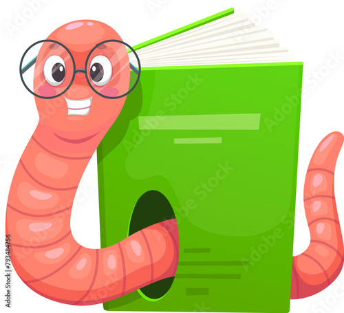 Funny bookworm character makes a hole in book, reading and education animal vector personage. Cartoon cute book worm, earthworm or caterpillar insect nerd character with glasses and library textbook