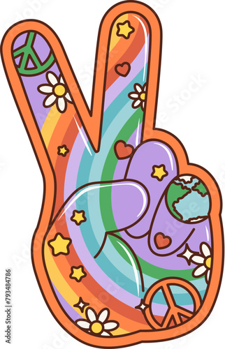 Cartoon retro groovy victory sign. Isolated vector hippie-style gesture is made with the index and middle fingers raised in a peace symbol, with rainbow, flowers and hearts pattern, embodying harmony